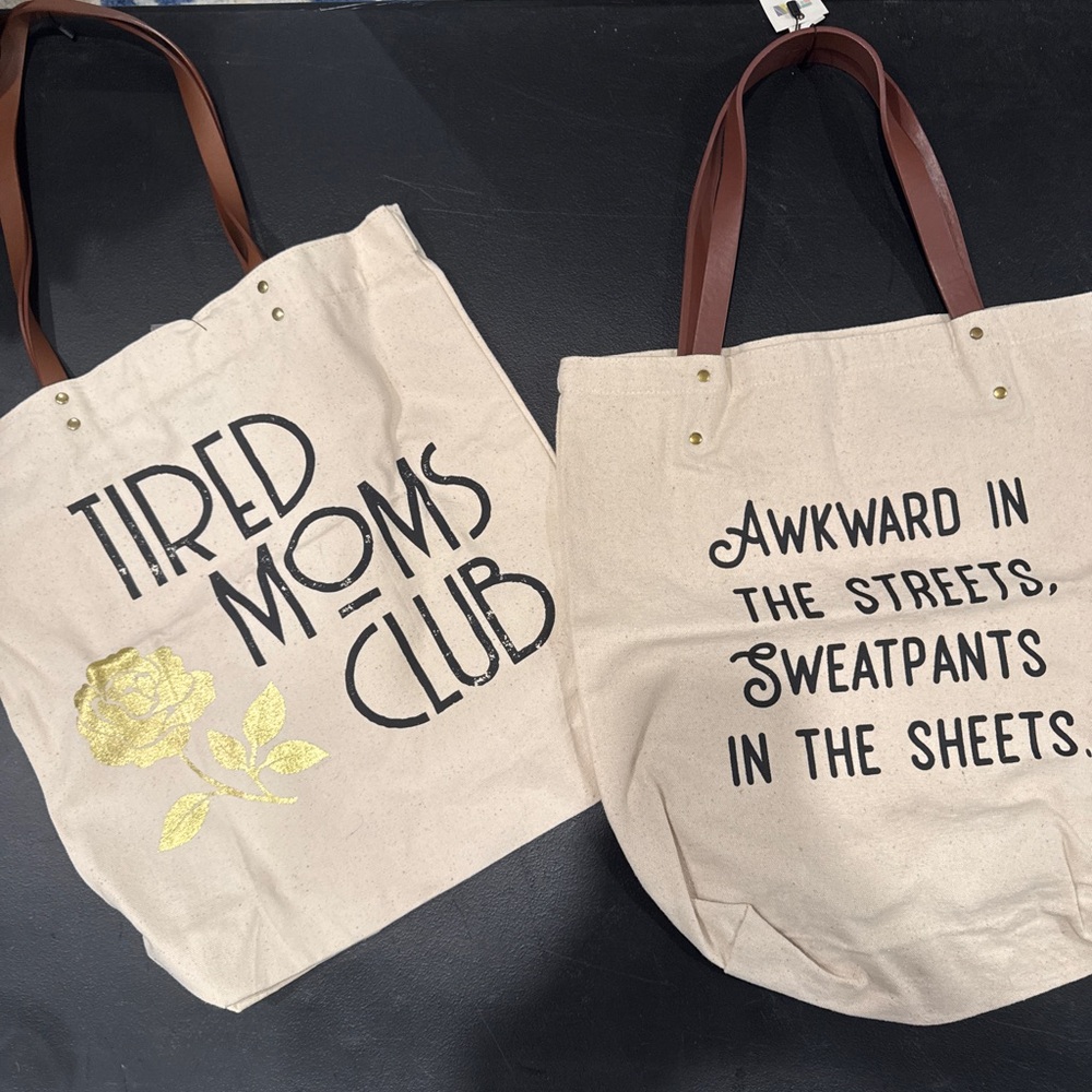 Canvas Tote Bag Set - Cream with Brown Handles - awkward in the streets style.